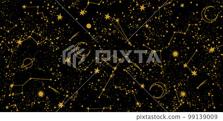 Black night sky with constellations seamless pattern for tarot. Template for astrology, natal chart, yoga. Boho banner with place for text, vector background for horoscope design. Black night sky with constellations seamless pattern for tarot. Template for astrology, natal chart, yoga. Boho banner with place for text, vector background for horoscope design. 99139009
