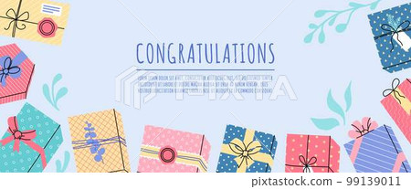 Congratulations web banner with gifts in scandinavian style. Banner with Gift different boxes Congratulations web banner with gifts in scandinavian style. Banner with Gift different boxes 99139011