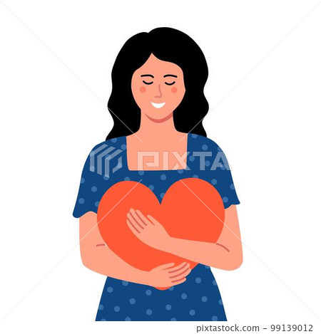 Young woman embraces a big red heart with mindfulness and love. Fall in love. Valentine's day. Young woman embraces a big red heart with mindfulness and love. Fall in love. Valentine's day. 99139012