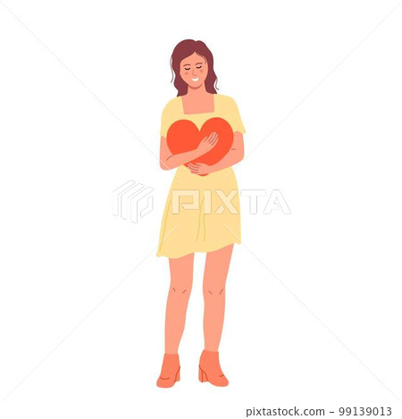 Young woman embraces a big red heart with mindfulness and love. Fall in love. Valentine's day Young woman embraces a big red heart with mindfulness and love. Fall in love. Valentine's day 99139013