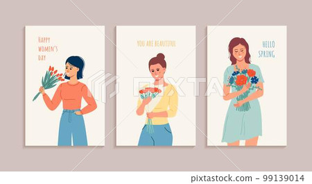 Happy Women's Day March 8! Vector illustration of cute happy women with bouquet of flowers Happy Women's Day March 8! Vector illustration of cute happy women with bouquet of flowers 99139014