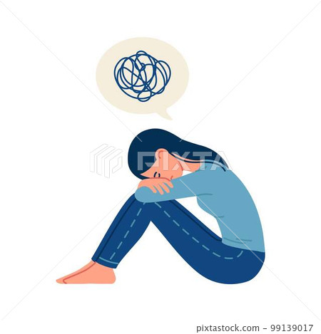 Sadness, mental depression, bad news concept. Young unhappy woman sitting, hugging knees hands Sadness, mental depression, bad news concept. Young unhappy woman sitting, hugging knees hands 99139017