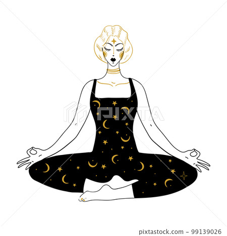 A woman meditates and relaxes in the lotus position, a mystical girl is engaged in spiritual practices, zen. Vector linear illustration isolated on white background, tattoo. A woman meditates and relaxes in the lotus position, a mystical girl is engaged in spiritual practices, zen. Vector linear illustration isolated on white background, tattoo. 99139026