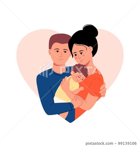 A young happy couple parents hugs their newborn with care and love in heart shape. 99139106