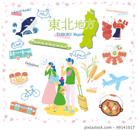 A family of three enjoying spring gourmet sightseeing in the Tohoku region of Japan, a set of icons (flat) A family of three enjoying spring gourmet sightseeing in the Tohoku region of Japan, a set of icons (flat) 99141017