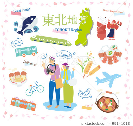 A senior couple enjoying spring gourmet sightseeing in the Tohoku region of Japan, a set of icons (flat) 99141018