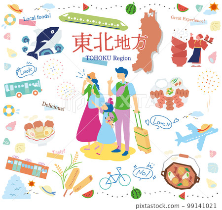 一家三口在日本東北地區享受夏季美食觀光,一組圖標(平面) 一家三口在日本東北地區享受夏季美食觀光,一組圖標(平面) 99141021
