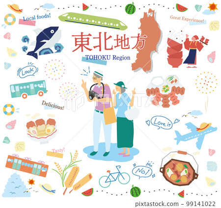 一對老年夫婦在日本東北地區享受夏季美食觀光，一組圖標（平面） 99141022