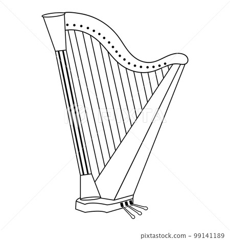 Classical harp in doodle style. Stringed musical instrument. 99141189