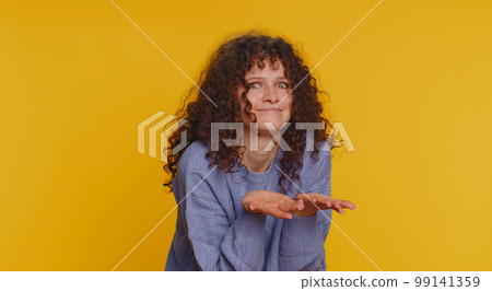 Woman raising hands asking what why reason of failure anti lifehacks ridicules disbelief irritation Woman raising hands asking what why reason of failure anti lifehacks ridicules disbelief irritation 99141359