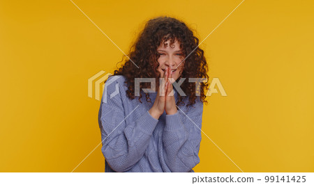 Sneaky cunning young woman with tricky face scheming evil plan, cheats, jokes, revenge and pranks Sneaky cunning young woman with tricky face scheming evil plan, cheats, jokes, revenge and pranks 99141425
