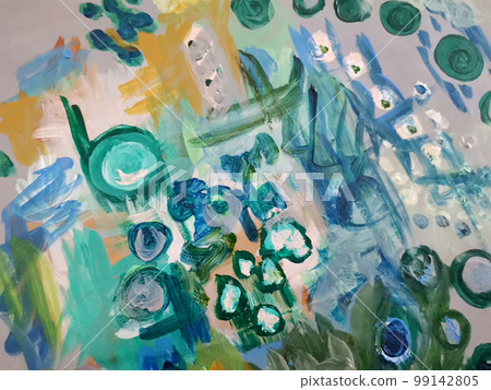 Painting canvas detail with abstract turquoise shapes 99142805