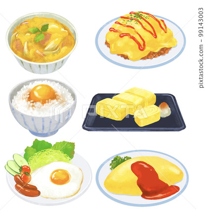 Egg dishes, illustration set, omelet rice, oyakodon, egg-cooked rice, omelet, fried egg 99143003