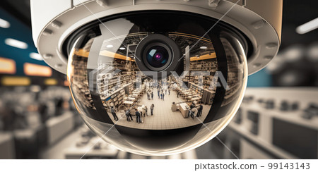 Close-up of a security camera's lens reflecting panorama of supermarket. Generative AI illustration 99143143