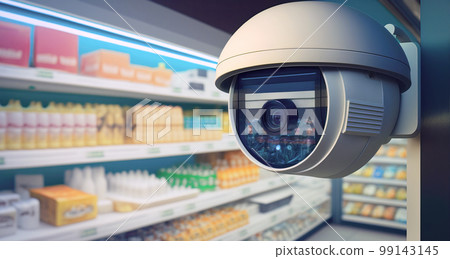 Close-up of the security camera monitoring a convenience store. Generative AI illustration Close-up of the security camera monitoring a convenience store. Generative AI illustration 99143145