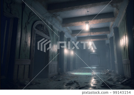 Semi dark corridor in an abandoned house, filled with rubble and supernatural fog. Generative AI illustration 99143154