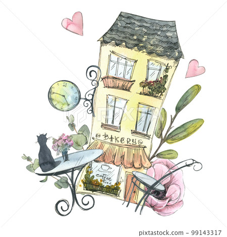 Cute cafe house with table and chair, clock, cat, flowers, anemones and hearts. Watercolor illustration from the PARIS collection. For the design and decoration of postcards, souvenirs, prints 99143317