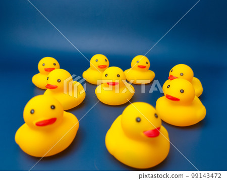 A group of yellow duck toys on a blue background. A group of yellow duck toys on a blue background. 99143472
