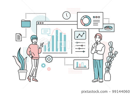 Illustration of men and women discussing digital technology 99144060