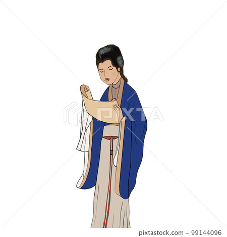 Pictures of ancient Chinese lady, reading the scroll  99144096