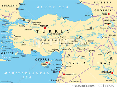 Turkey and Syria region, political map. Geographic area of the peninsula Anatolia, with neighbouring and surrounding countries. Map with capitals, largest cities, and most important rivers and lakes. Turkey and Syria region, political map. Geographic area of the peninsula Anatolia, with neighbouring and surrounding countries. Map with capitals, largest cities, and most important rivers and lakes. 99144289