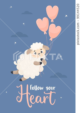 Romantic card with cute sheep flying with balloons through night sky. Vector illustration in cartoon flat style. Motivate poster valentine with inscription Follow your heart. 99144520