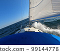 Sailboat against storm and waves in open sea. Concept of travel, adventure and vacation. 99144778