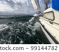 Sailboat against storm and waves in open sea. concept of uncertain future, suspense and peradventure 99144782