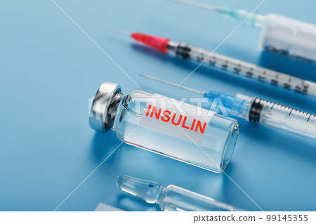 Medicine in ampoules with insulin, needles and syringes for medical subcutaneous injection Medicine in ampoules with insulin, needles and syringes for medical subcutaneous injection 99145355