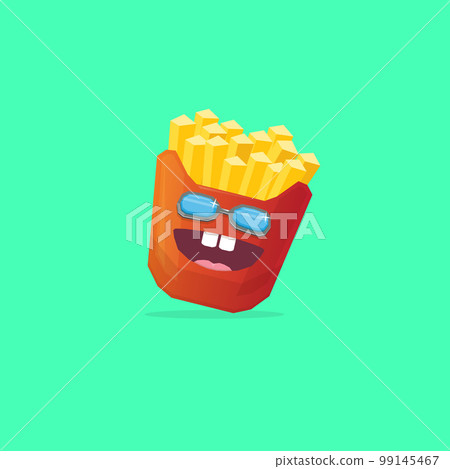 vector funny cartoon french fries potato box character with sunglasses isolated on green background. funky smiling food character 99145467