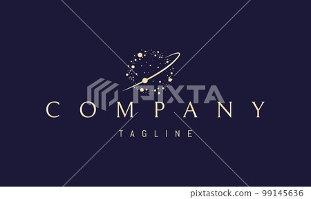 Vector golden logo on which an abstract image of space dust in the form of a ball with an orbit. 99145636