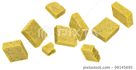 Bouillon cubes isolated on white background, chicken broth concentrate 99145695