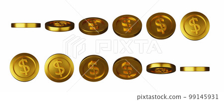 3D golden flying coin set, game UI casino money icon, realistic render metal medal side animation. 3D golden flying coin set, game UI casino money icon, realistic render metal medal side animation. 99145931
