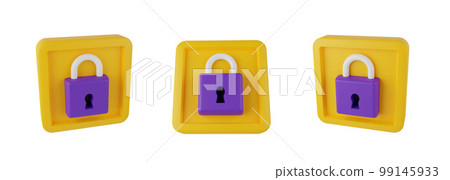 3D lock icon set, cartoon padlock illustration kit, digital computer render data security, keyhole. 3D lock icon set, cartoon padlock illustration kit, digital computer render data security, keyhole. 99145933