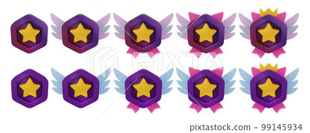 3D game badge set, insignia icon RPG kit, level up user point hexagon medal, fantasy ranking star.  99145934