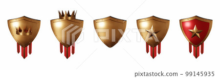 3D bronze shield set, level up game badge, realistic metal render trophy, medieval royal award kit.  99145935