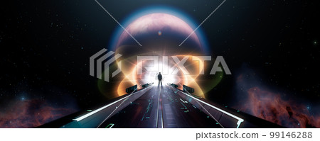 Dark abstract Sci Fi path with Outer Space and Planet in background. Man Standing Dark abstract Sci Fi path with Outer Space and Planet in background. Man Standing 99146288