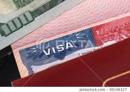 Passport with US visa and one hundred dollars as a tourist travel idea 99146327