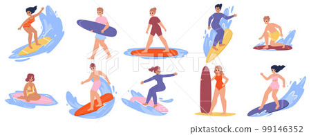 Cartoon surfers on surfboards. Surfing characters, summer teenagers active life. Young adults with surf, sea or ocean sport. Snugly vacations vector people 99146352