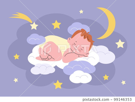 Baby sleep on cloud. Sleeping newborn toddler card design. Cartoon cute born kid dream, nursery birthday or party poster, kicky vector design 99146353