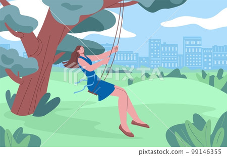 Girl on swings in city park. Serene nature rest, outdoor summer activity. Young adult woman on swing on tree, carefree cartoon kicky vector scene Girl on swings in city park. Serene nature rest, outdoor summer activity. Young adult woman on swing on tree, carefree cartoon kicky vector scene 99146355