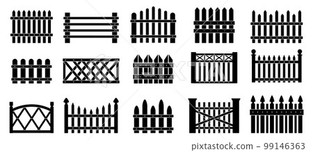 Black fence silhouettes. Fences iron and wooden, gates shapes icons. Security for buildings elements. Isolated barnyard or farm barriers decent vector set Black fence silhouettes. Fences iron and wooden, gates shapes icons. Security for buildings elements. Isolated barnyard or farm barriers decent vector set 99146363