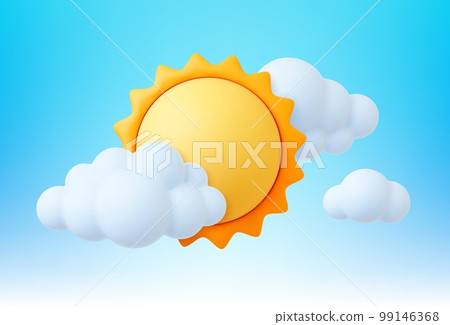 Sun in clouds, 3d sunny weather elements. White bubble cloud on sky. Summer spring hot, seasonal vector realistic design 99146368
