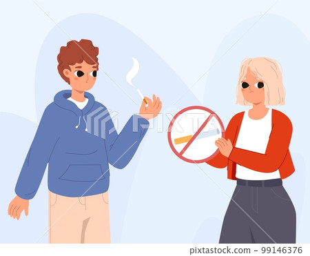 Stop smoking, smoker and anti cigarettes teeneger. Healthy or unhealthy lifestyle. Tobacco drugs addiction, world antitobacco day snugly vector scene 99146376