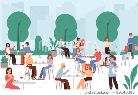 Popular summer outdoor cafe. Young adults, couple and teens, family sitting in restaurant, eating and drinking. Waiter on work, people shopping, vector scene 99146396