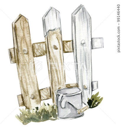 Watercolor hand drawn wooden fence half painted with green grass and bucket with paint in it.  Cute hand painted  illustration for greeting cards, prints, souvenirs,post cards. Illustartion isolated . 99146440