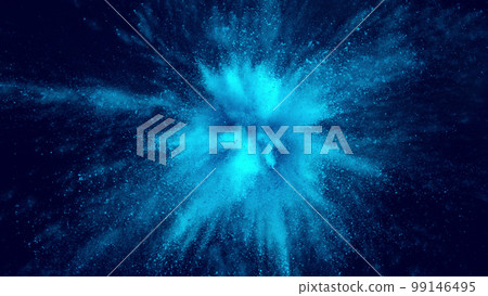 Colored powder explosion. Abstract closeup dust on backdrop. 99146495