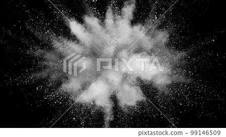 White powder explosion. Abstract closeup dust on backdrop. 99146509