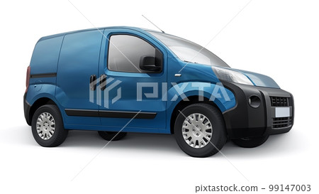 Blue Small commercial delivery van on a white background. Courier delivery of orders. 3d rendering Blue Small commercial delivery van on a white background. Courier delivery of orders. 3d rendering 99147003