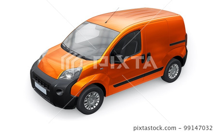 Small commercial orange delivery van on a white background. Courier delivery of orders. 3d rendering Small commercial orange delivery van on a white background. Courier delivery of orders. 3d rendering 99147032
